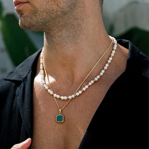 Mens Necklace - 18K Gold Opal Pendant - Mens Jewelry - Mens Chain With Square Opal Pendant - Mens Gold Pendant Necklace - By Twistedpendant