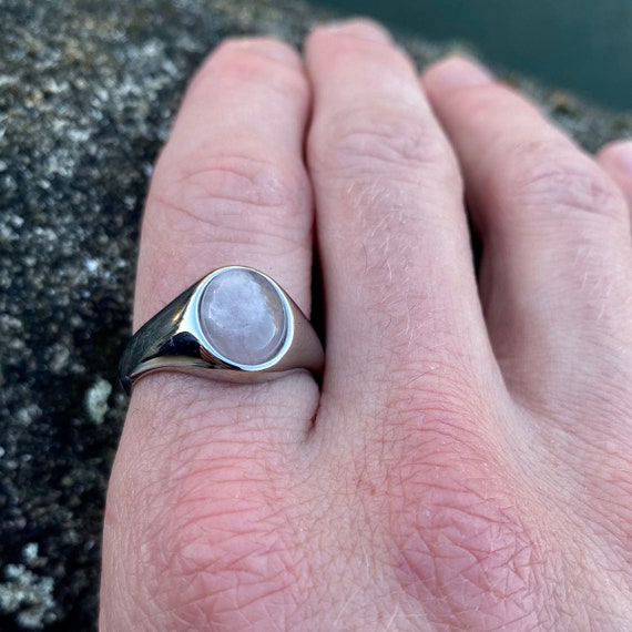 Rose Quartz Gemstone Ring Silver Signet Ring Men Man Ring 