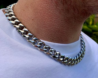 Silver Thick Necklace Chain Choker Cuban Curb 13mm Stainless Steel 18” 20” 22” - Mens Necklace Chain By Twistedpendant