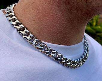 Silver Thick Necklace Chain Choker Cuban Curb 13mm Stainless Steel