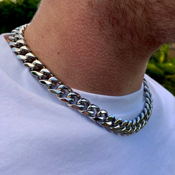 Silver Thick Necklace Chain Choker Cuban Curb 13mm Stainless ...