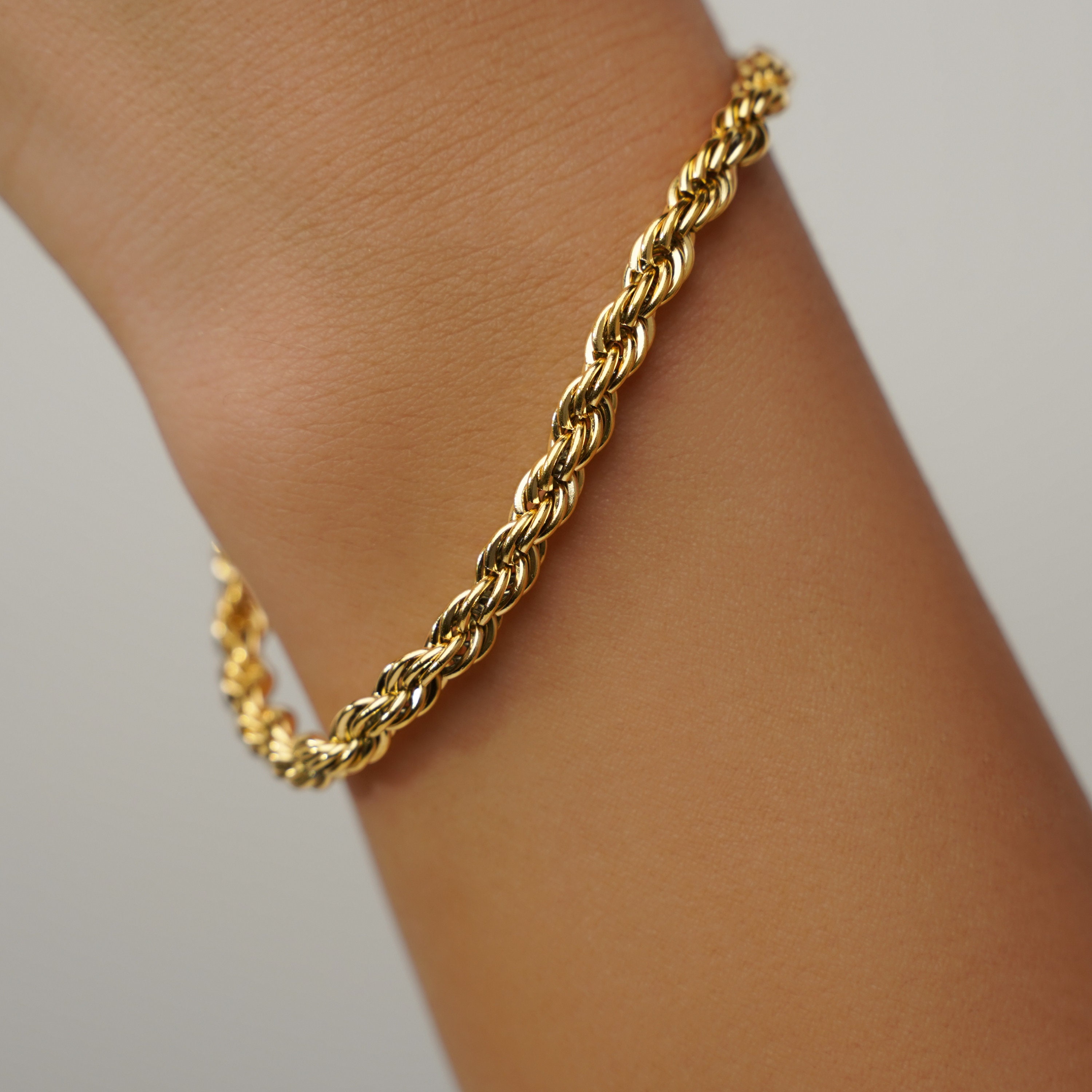 18K Gold Bracelet, Simple Gold Rope Chain Bracelet, Chunky