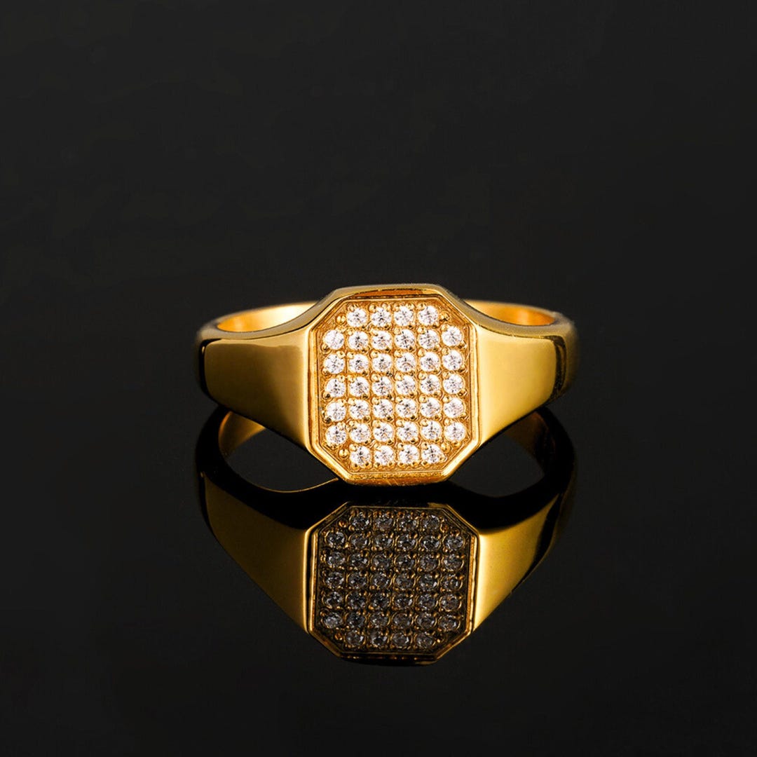 Mens Ring - 18K Gold Diamond Signet Ring - Mens Pinky Ring - Small ...