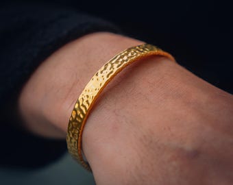 18K Gold Bangle Bracelet For Men - Gold Cuff Bracelet - Mens Bracelet Bangles - 8mm Hammered Adjustable Bracelet - Mens Jewellery Bangle
