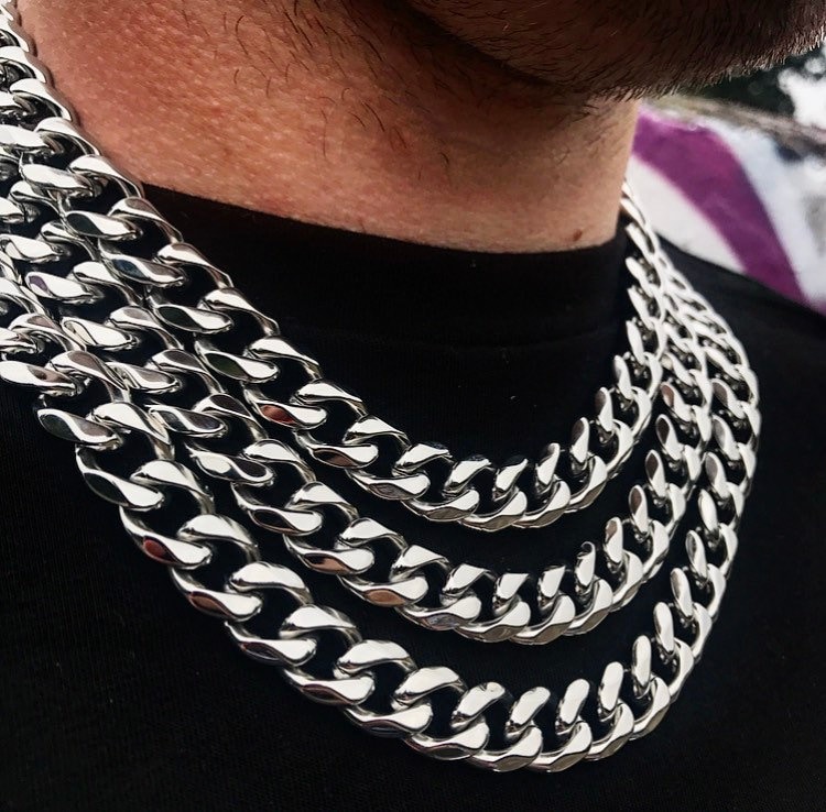 Silver Thick Necklace Chain Choker Cuban Curb 13mm Stainless Steel