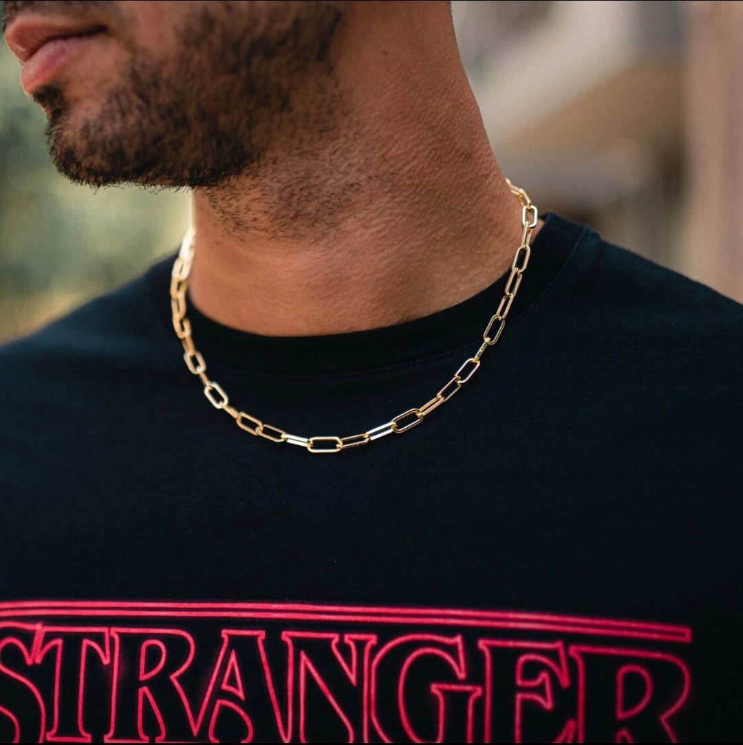 Mens Gold Chain Necklace, 6mm Paperclip Style Chain Link 14k Gold