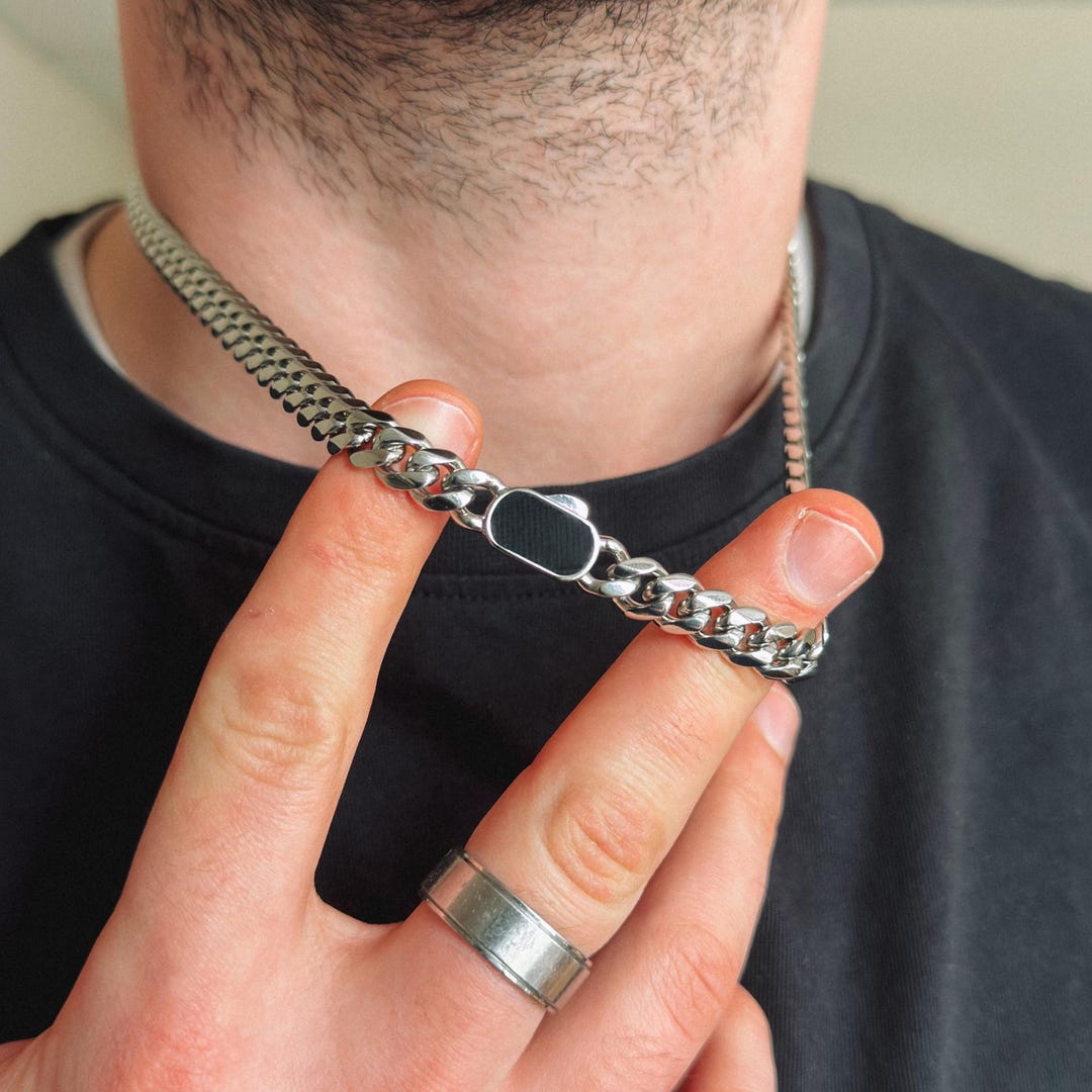 Mens Chain - Silver Cuban Chain Black Onyx Necklace for Men - Mens