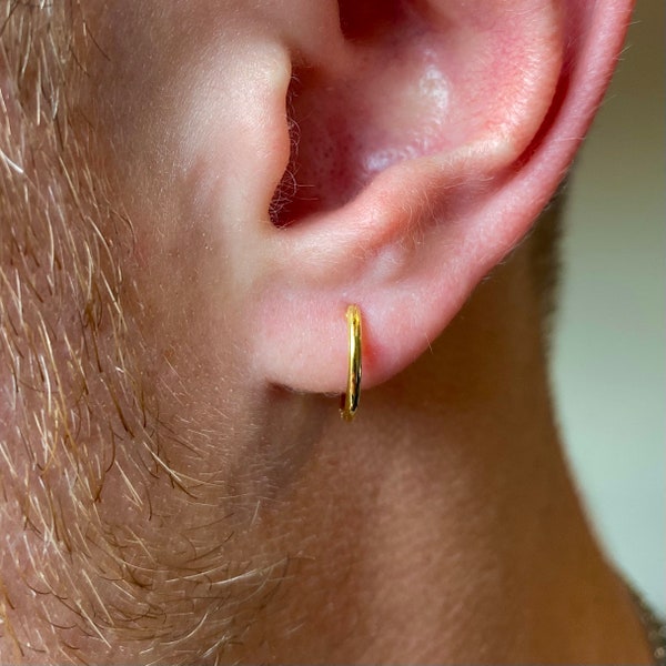 Mens Hoop Earrings - 18k Gold 10mm Mens Mini Huggie Hoop Earrings - Hoops for Men -  Sterling Silver Earring Sets - By Twistedpendant