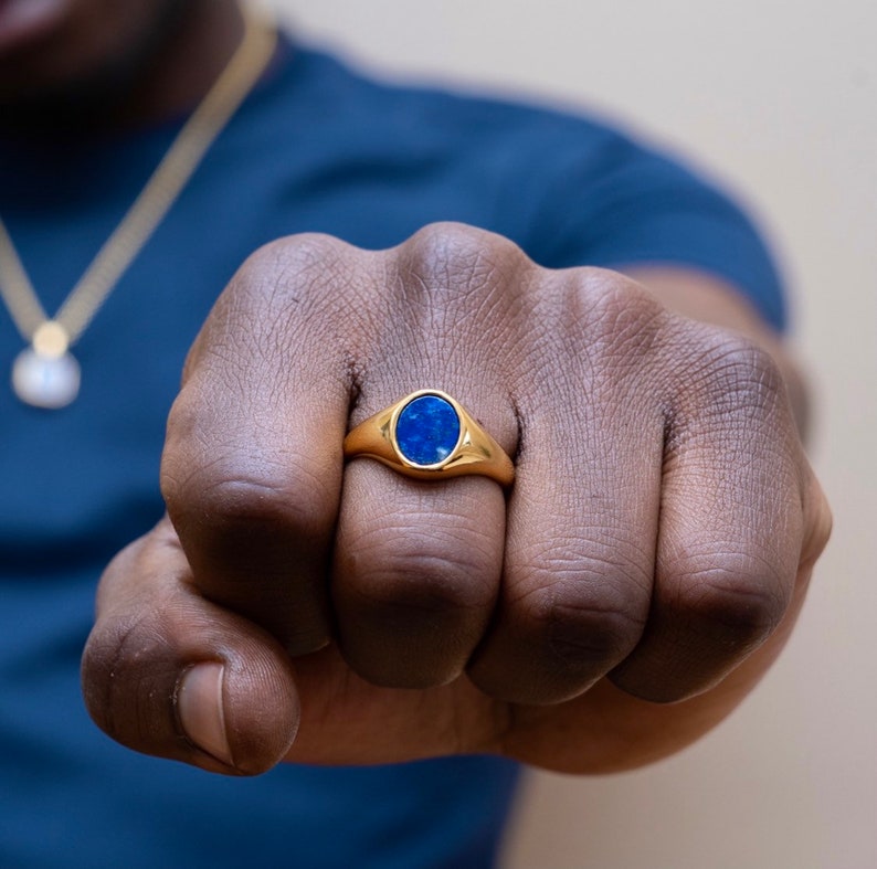 Royal Blue Lapis Lazuli Signet Ring Men Mens Ring Mens Pinky Rings Blue Gemstone Signet Ring Mens Gold Ring For Him Gift All Sizes image 3