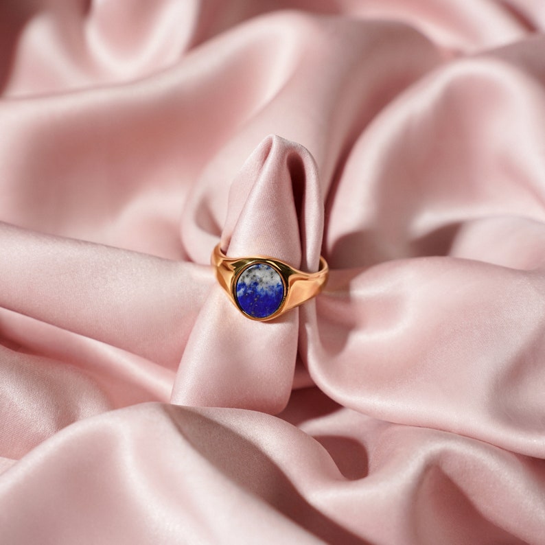 Lapis lazuli blauwe zegelring, zilveren damesring, gouden zegelring voor dames, zilveren zegelring 18k gouden damesring, stapelring Gold
