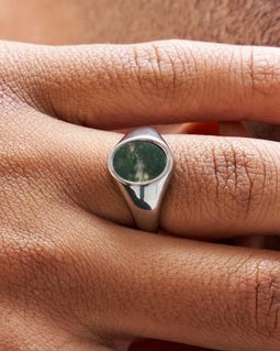 Silver Signet Ring - Moss Agate Oval Ring for Men - Mens Ring