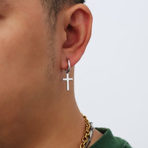 Mens Earrings Silver Cross Earrings Men Mens Silver Dangle Hoop Earrings Sterling Silver Dangle Cross Earring By Twistedpendant image 2