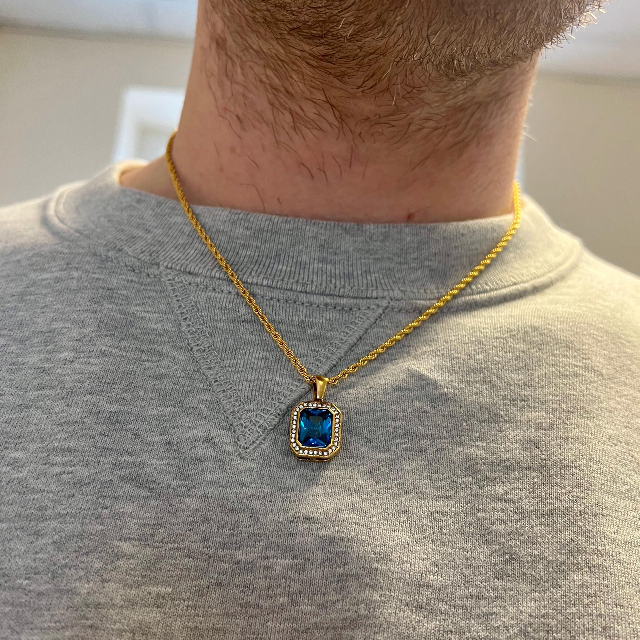 Mens Necklace - 18K Gold Blue Diamond Necklace - CZ Diamond