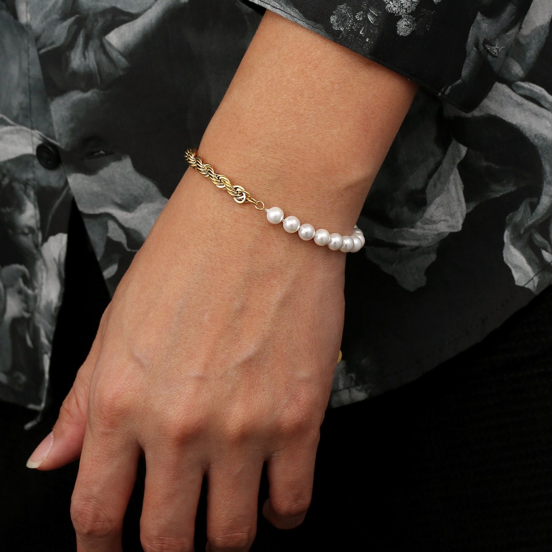 Mens Bracelets, 18K Gold Rope Bracelet Men Shell Pearl Bracelets, 6mm