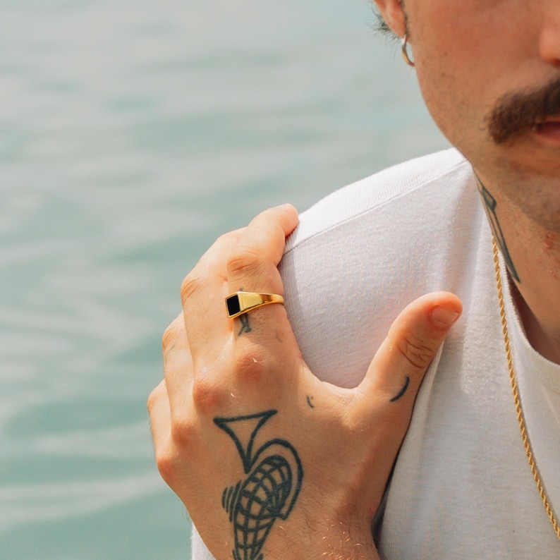 Mens Ring - 18K Gold Square Onyx Signet Ring for Men, Minimalist ...