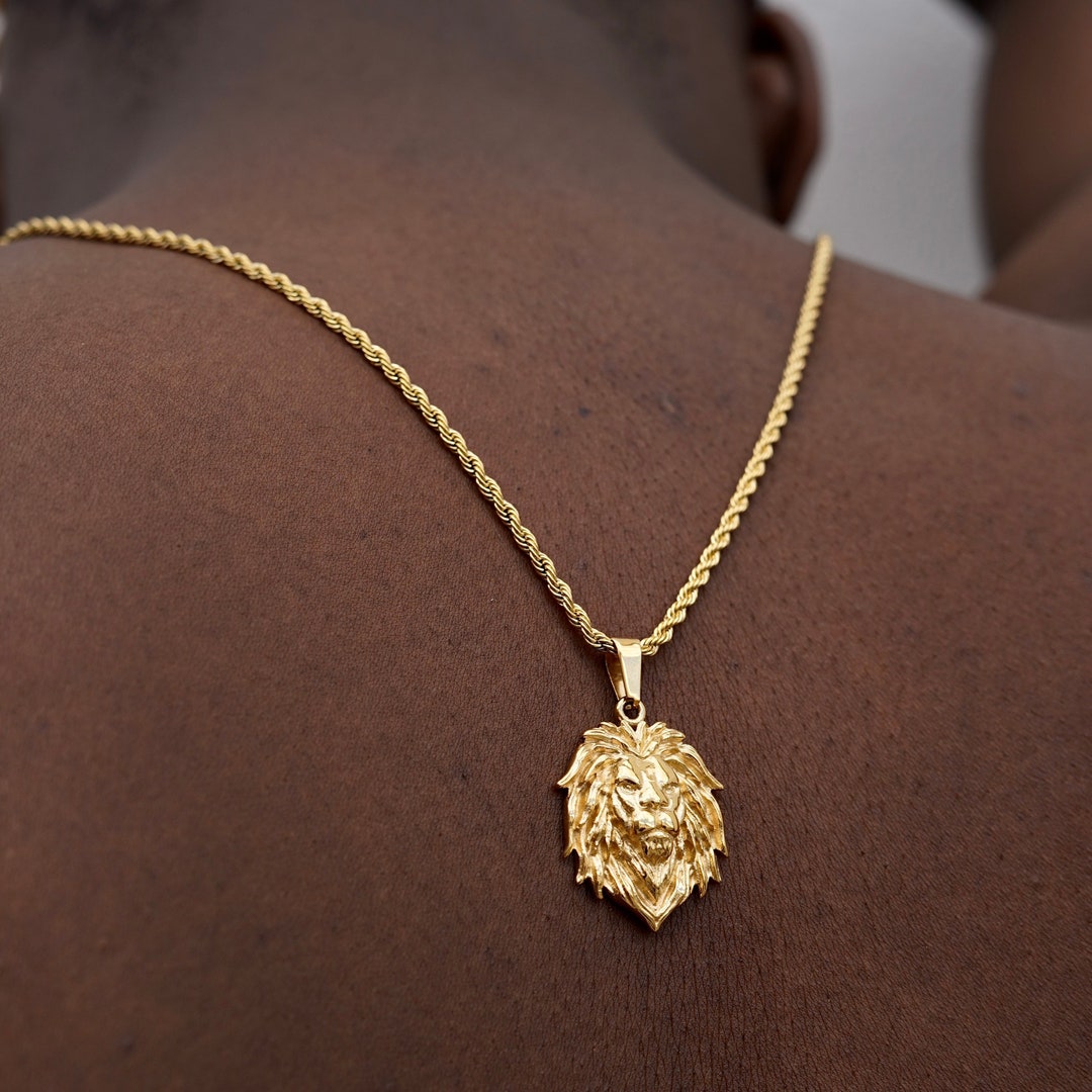 Mens Necklace, 18K Gold Lion Pendant Necklace, Mens Chain Lion Animal