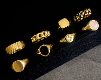Mens Ring Gold Band Ring Mens Signet RVS ringen voor heren sieraden Cadeau voor hem Pinky Ring - Black Onyx Edelsteen Signet Ring Mannen