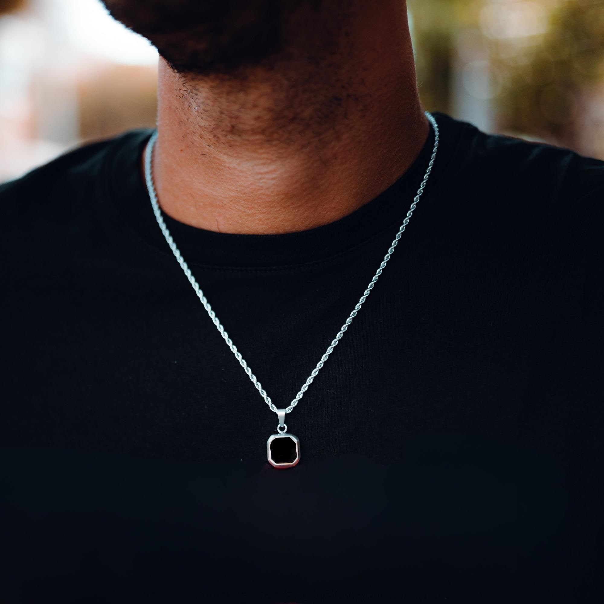 CDL 東京　ONYX NECKLACE Mens Necklace - Octagon Silver Onyx Pendant Necklace for Men