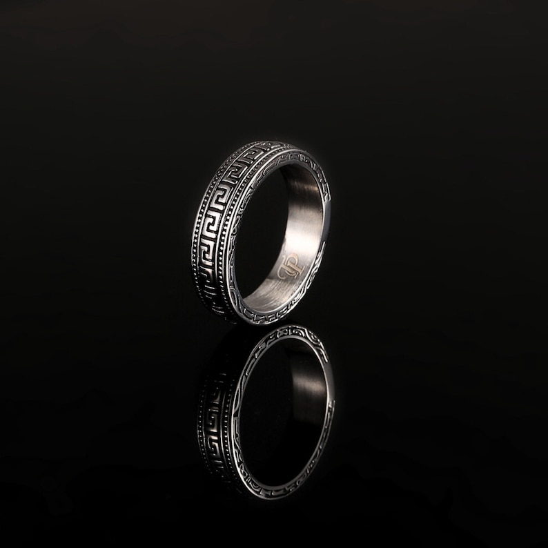 Mens Ring - Thin Greek Key Band Ring For Men, Silver Roman Pattern Ring