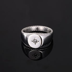 Mens Ring - Silver North Star Signet Ring For Men - Black Gemstone Ring - Silver Pinky Ring - Mens Jewelry - Diamond Ring By Twistedpendant