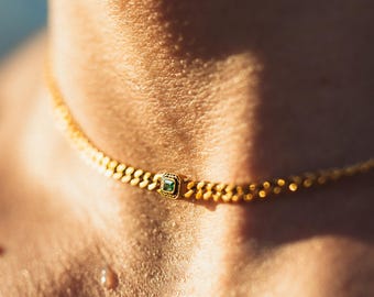 Mens Necklace - 18K Gold Vintage Gem Necklace For Men - Green Emerald Styled Gold Chain Necklace - Mens Jewelry - Gold Gem Stone Pendant