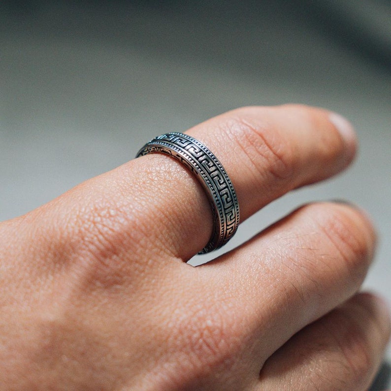 Mens Ring - Thin Greek Key Band Ring For Men, Silver Roman Pattern Ring