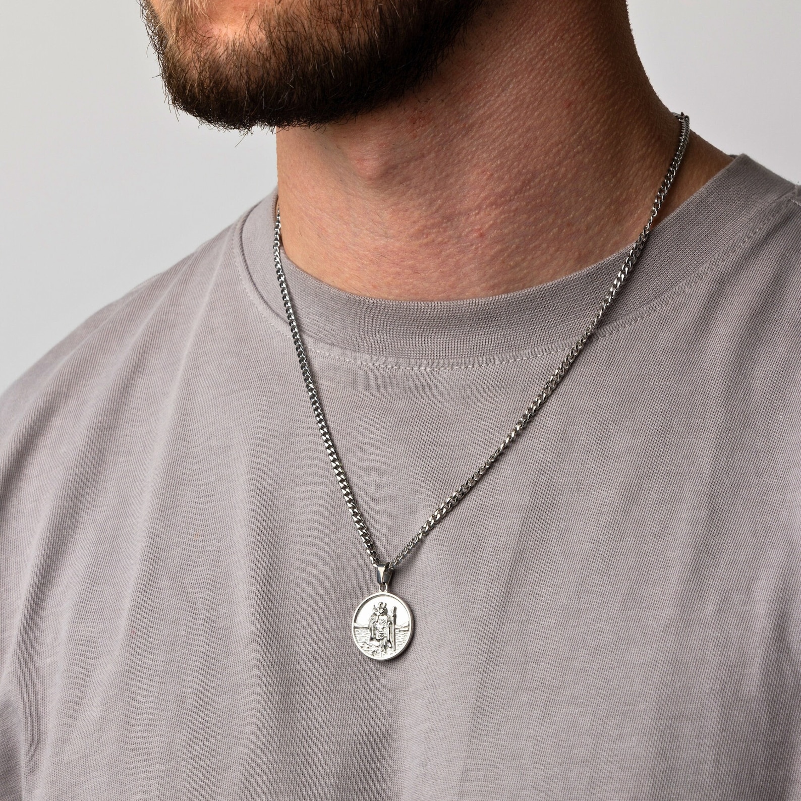 Mens Necklace - Silver Saint Christopher Pendant Necklace for Men ...