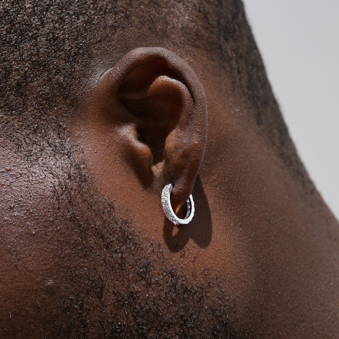 thumbnail image 2 of Men's Small Hoop Earrings - White Gold Plated 925 Sterling Silver With CZ Stones 2 of 12