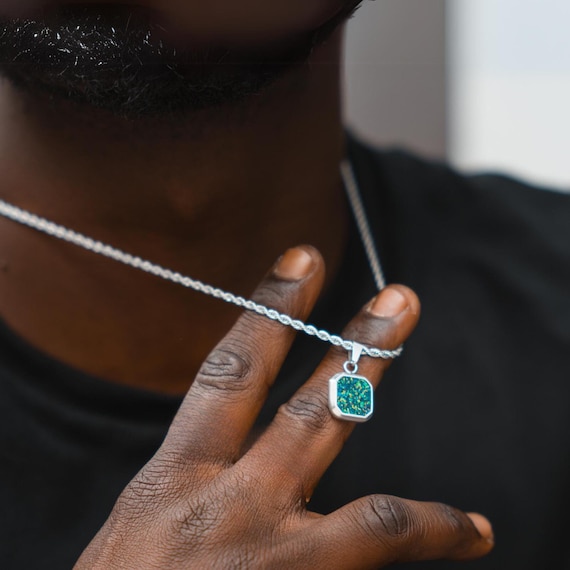 Silver Opal Pendant Necklace - Mens Necklace - Square Green Opal