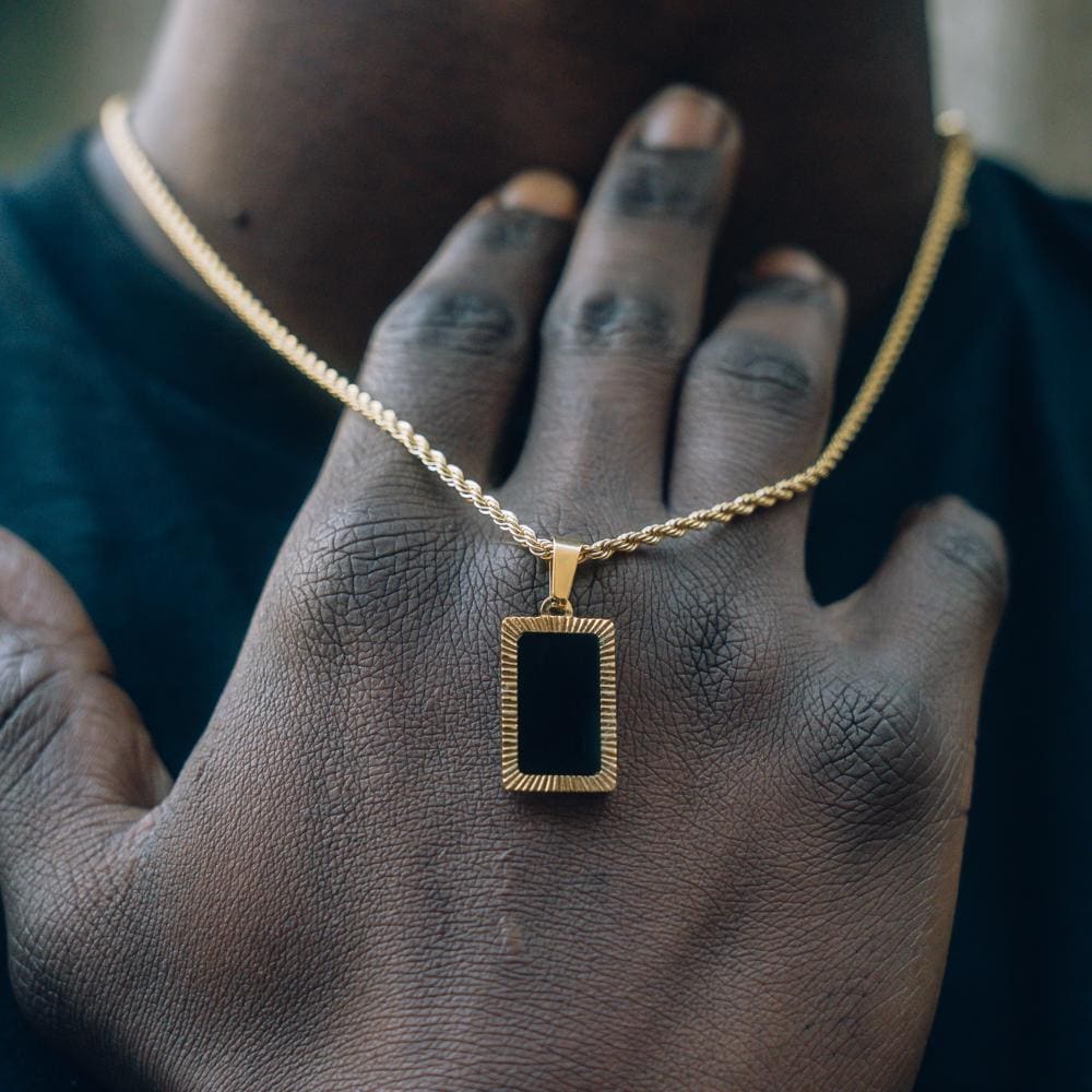 Mens Necklace - 18K Gold Rectangle Onyx Pendant - Black Onyx