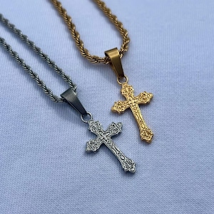 Silver Cross Necklace - Mens Cross Pendant Necklace - Stainless Steel Cross Chain Pendant for Men - Mens Jewelry - Crucifix Cross Necklace