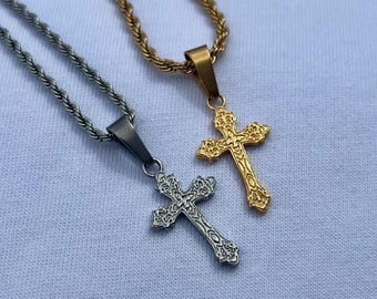 Silver Cross Necklace - Mens Cross Pendant Necklace - Stainless Steel Cross Chain Pendant for Men - Mens Jewelry - Crucifix Cross Necklace
