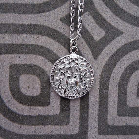 Silver Medusa Pendant Mens Necklace 