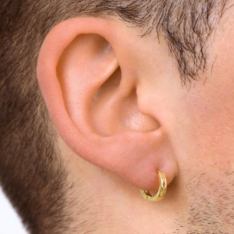 Mens Hoop Earrings Mens Patterned Gold Hoops, 12mm Mens Silver Huggie Earrings, Mens Earrings Gold Earrings Men By Twistedpendant image 9