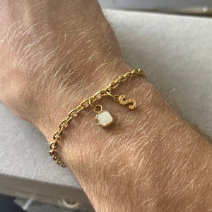 May include: A gold chain bracelet with a white square charm and a gold letter 'S' charm.