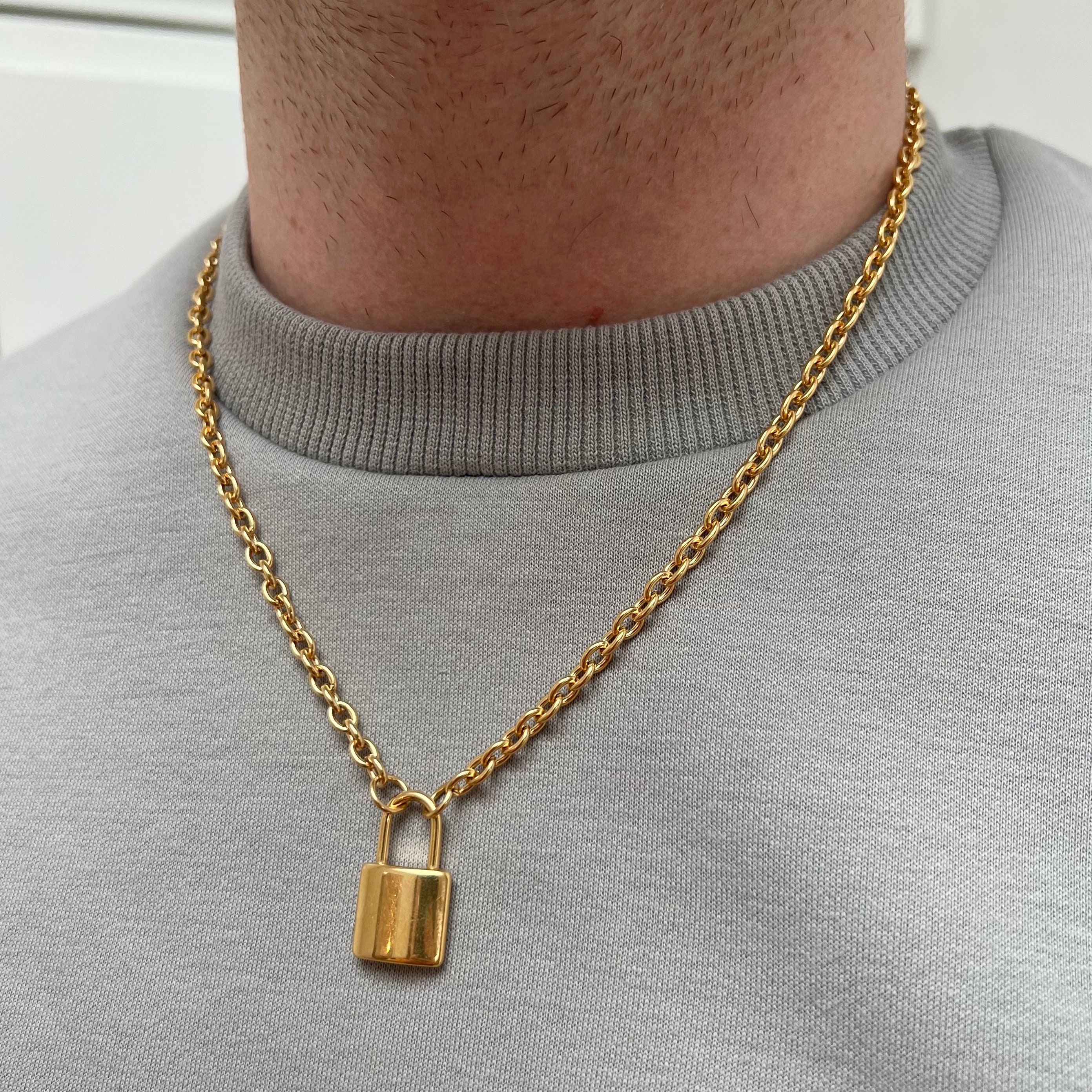 Mens Padlock Necklace - 18K Gold Padlock Chain Necklace - Lock