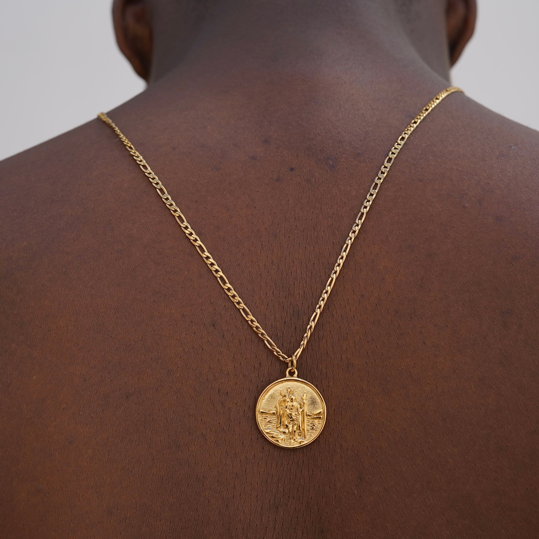Mens Necklace, St Christopher Necklace, Mens Gold Chain Pendant, Saint