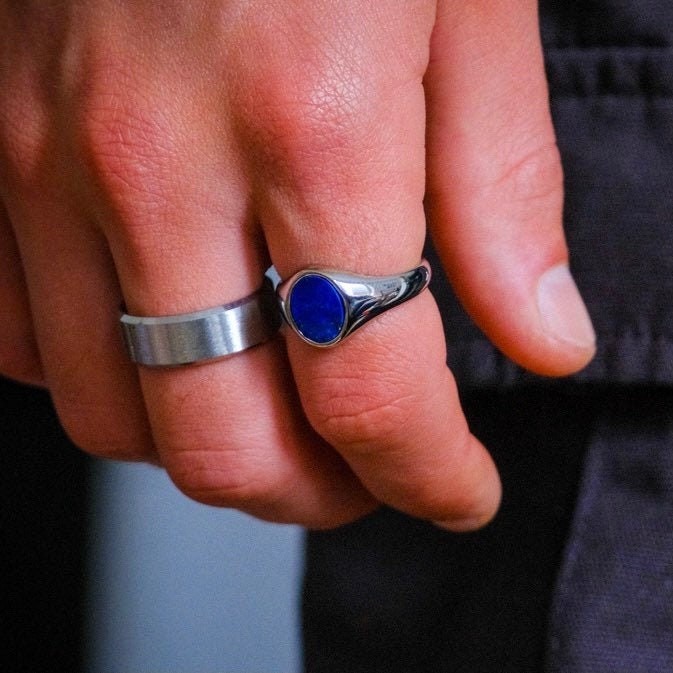 Lapis Lazuli Blue Signet Ring, Blue Stone Ring, Mens Silver Ring, Gold…