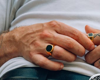 ゴールドオニキスストーンシグネットリング、18K PVDメッキステンレス