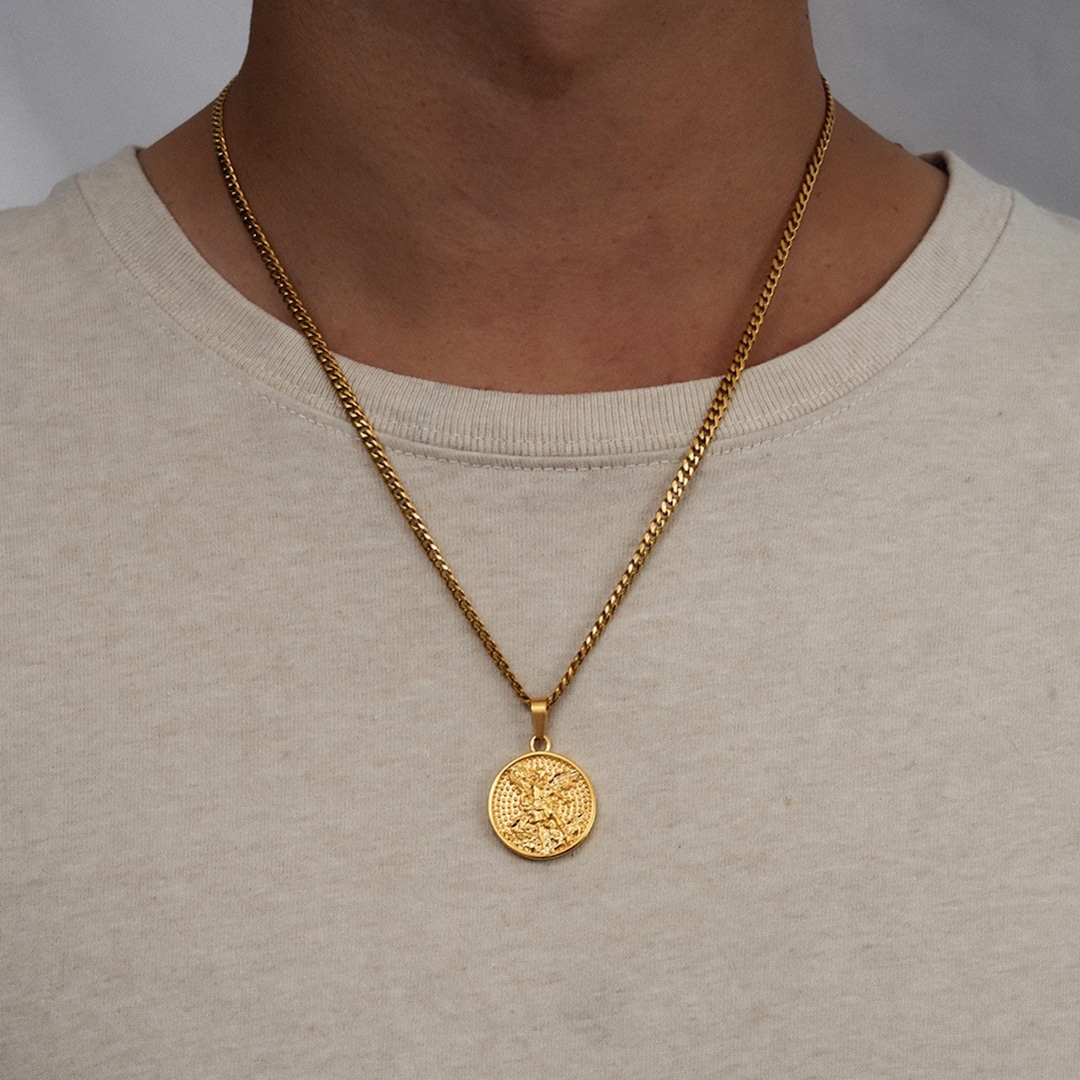 Saint Chain Mens Necklace - 18K Gold Saint Michael Pendant Necklace - Gold Chain ...