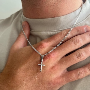 Cross Necklace - Hammered Silver Cross Necklace For Men - Small Christ / Crucifix Pendant - Silver Cross Chain Pendant - Mens Cross Chain