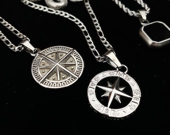 Mens Necklace, Silver Compass Necklace for Men, North Star Pendant Stainless Steel Silver Chain Mens Jewelry Pendants - By Twistedpendant