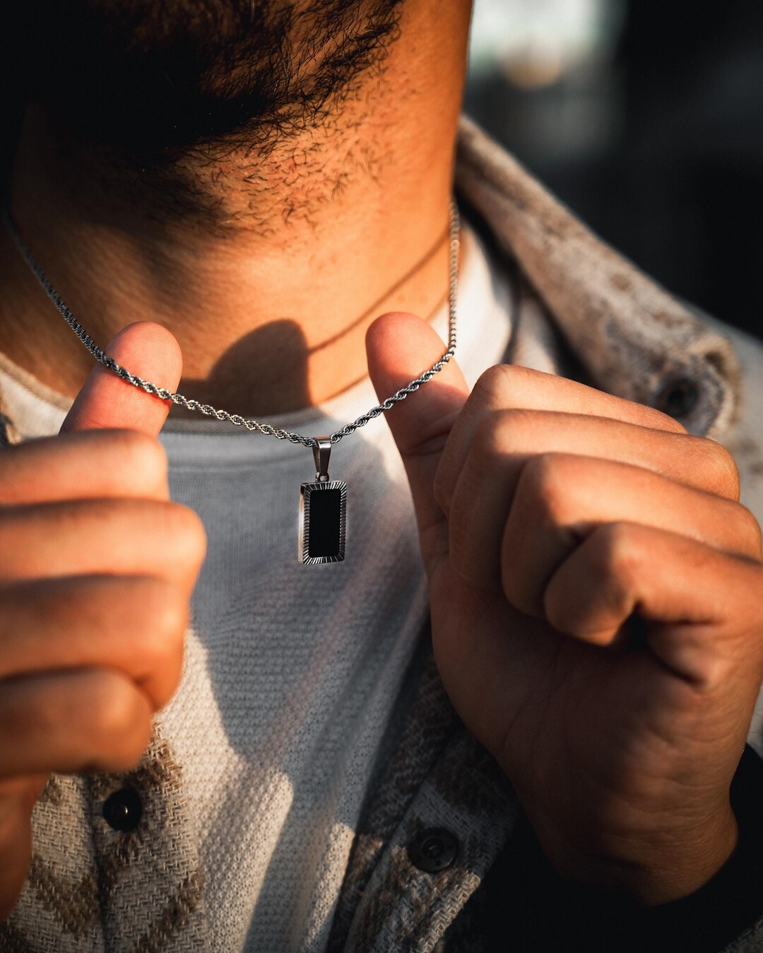 Mens Necklace - Silver Rectangle Onyx Pendant - Black Onyx Pendant