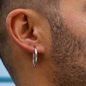 Large 25mm Silver Hoop Earring - Mens Earrings - Stainless Steel Hoop Earrings For Men - Mens Silver Hoops - Silver / 18K Gold Dangle Hoops