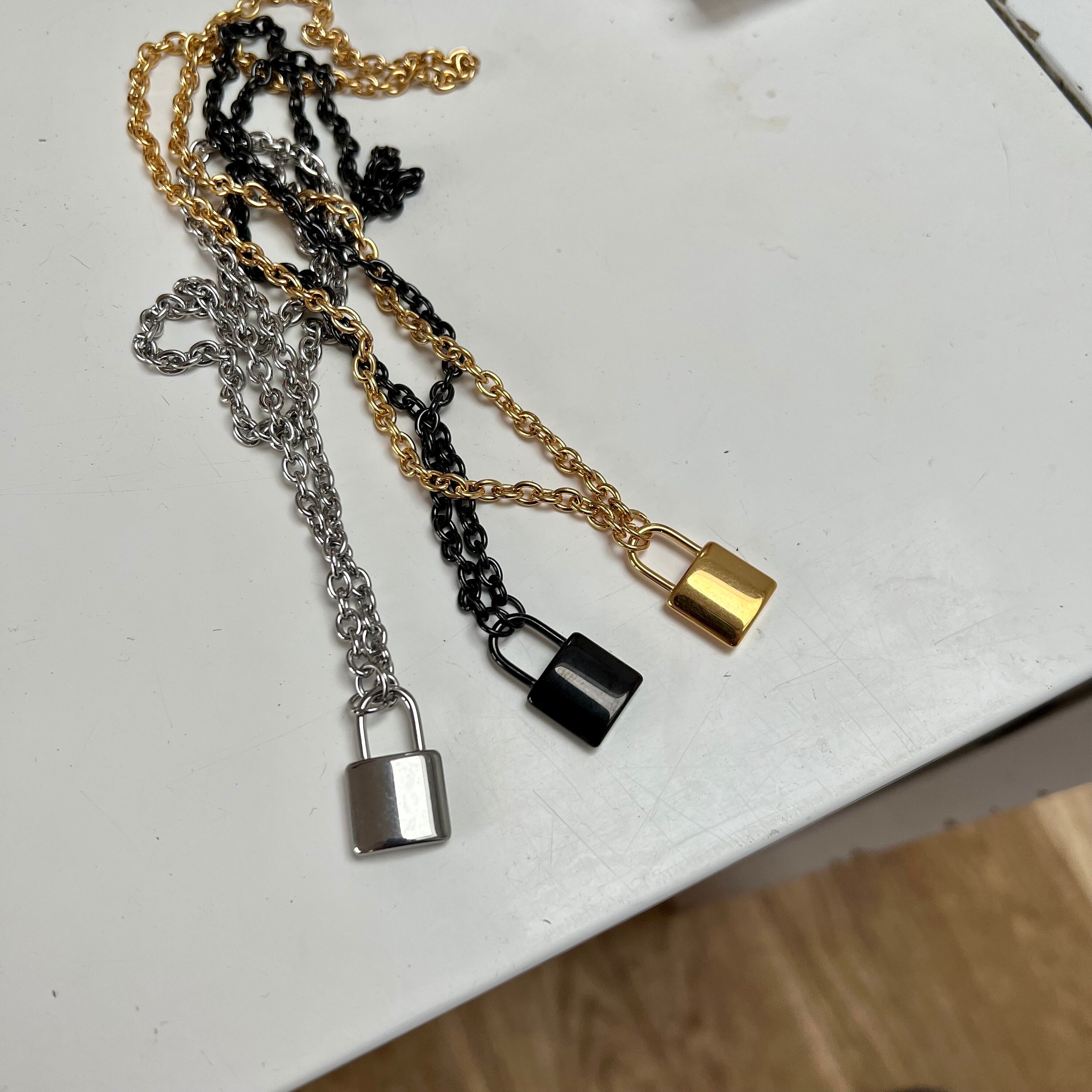 Padlock Necklace Choker Layering Chain Pendant Silver Mens