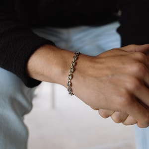Mens Bracelets - Silver Mariner Bracelet - Chunky Puff Mariner Chain Bracelet For Men - Mens Jewelry - Bean Bracelet - Anchor Bracelets Gift