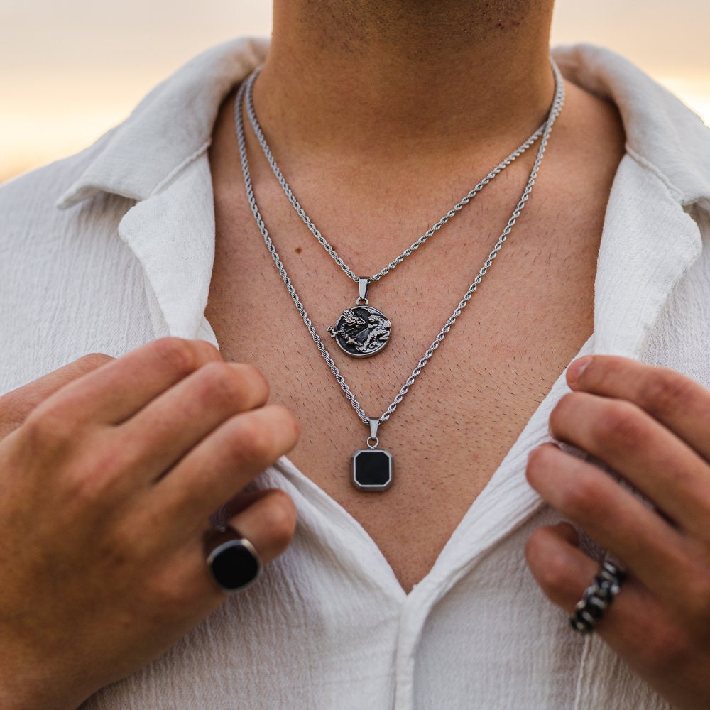18K Gold Onyx Pendant Necklace - Mens Gold Necklace - Black Onyx Gemstone Pendant Men- Thin Gold - View #5