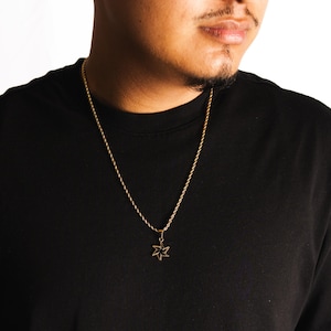 18K Gold Necklace - Mens Necklace - Gold & Black Gem Pendant For Men - Star Twisted Pendant Emblem Charm - Small Gold Pendant Mens Jewelry