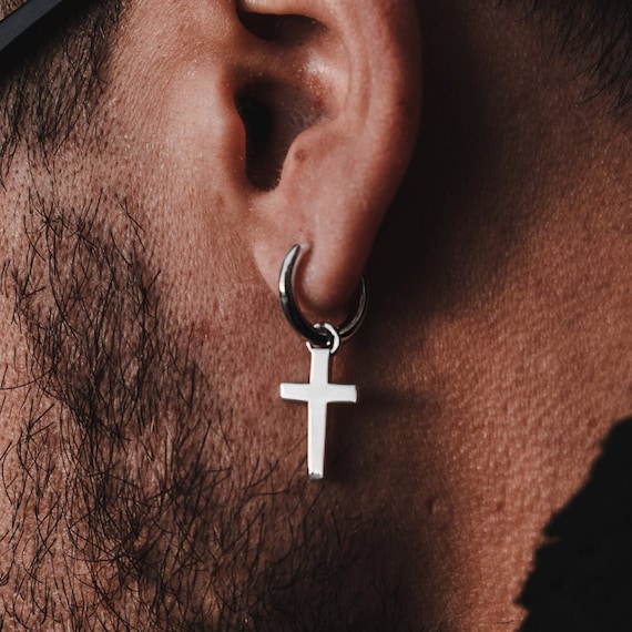 Gold cross earring for men - Huggie single hoop – All-For-Men-calidas.vn