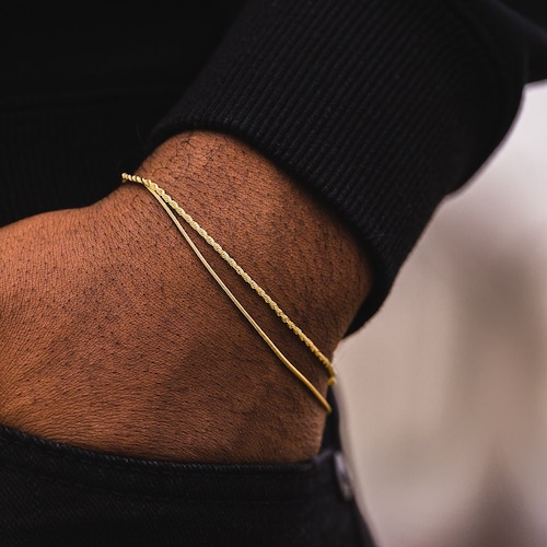 18K Gold Bracelet Men, Mens Bracelet 1mm Snake Chain, Mens Gold